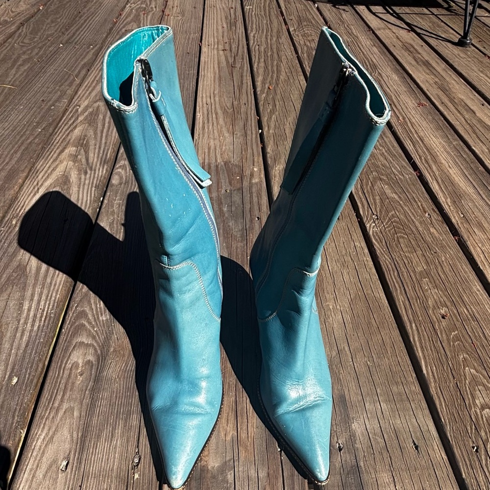 VINTAGE Coach Blue Teal Pointed-Toe Mid-Calf Heeled Boots SAMMI